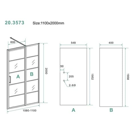 Horizon nisdeur mat zwart met vast paneel 110x200 cm 8 mm NANO glas