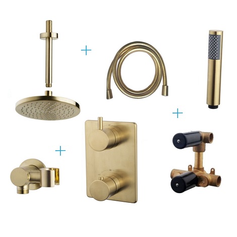 Wiesbaden inbouwthermostaatset caral 20 cm rond type 401 GM plafonduitloop geborsteld messing