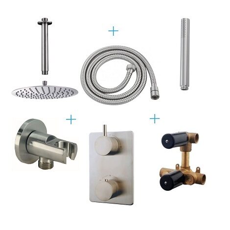 Wiesbaden inbouwthermostaatset caral 30 cm rond type 203 GS plafonduitloop geborsteld RVS