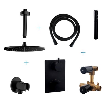 Wiesbaden inbouwthermostaatset caral 30 cm rond type 303 MZ plafonduitloop mat zwart