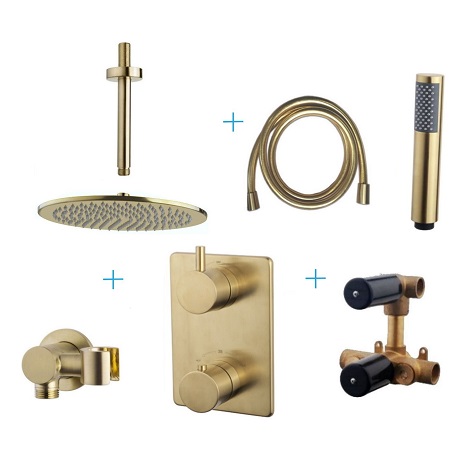 Wiesbaden inbouwthermostaatset caral 30 cm rond type 403 GM plafonduitloop geborsteld messing