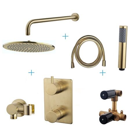 Wiesbaden inbouwthermostaatset caral 30 cm rond type 404 GM muuruitloop geborsteld messing