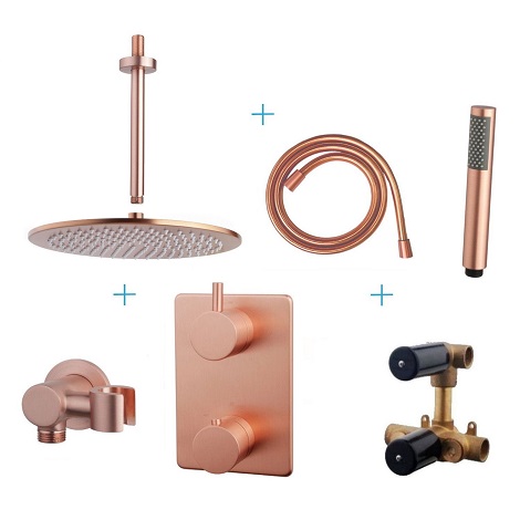 Wiesbaden inbouwthermostaatset caral 30 cm rond type 503 GK plafonduitloop geborsteld koper