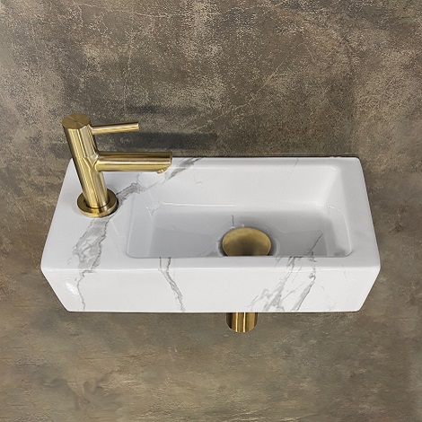 Wiesbaden Fonteinset One Pack Mini Rhea fontein 36x18x9 cm geborsteld messing Carrara links 1